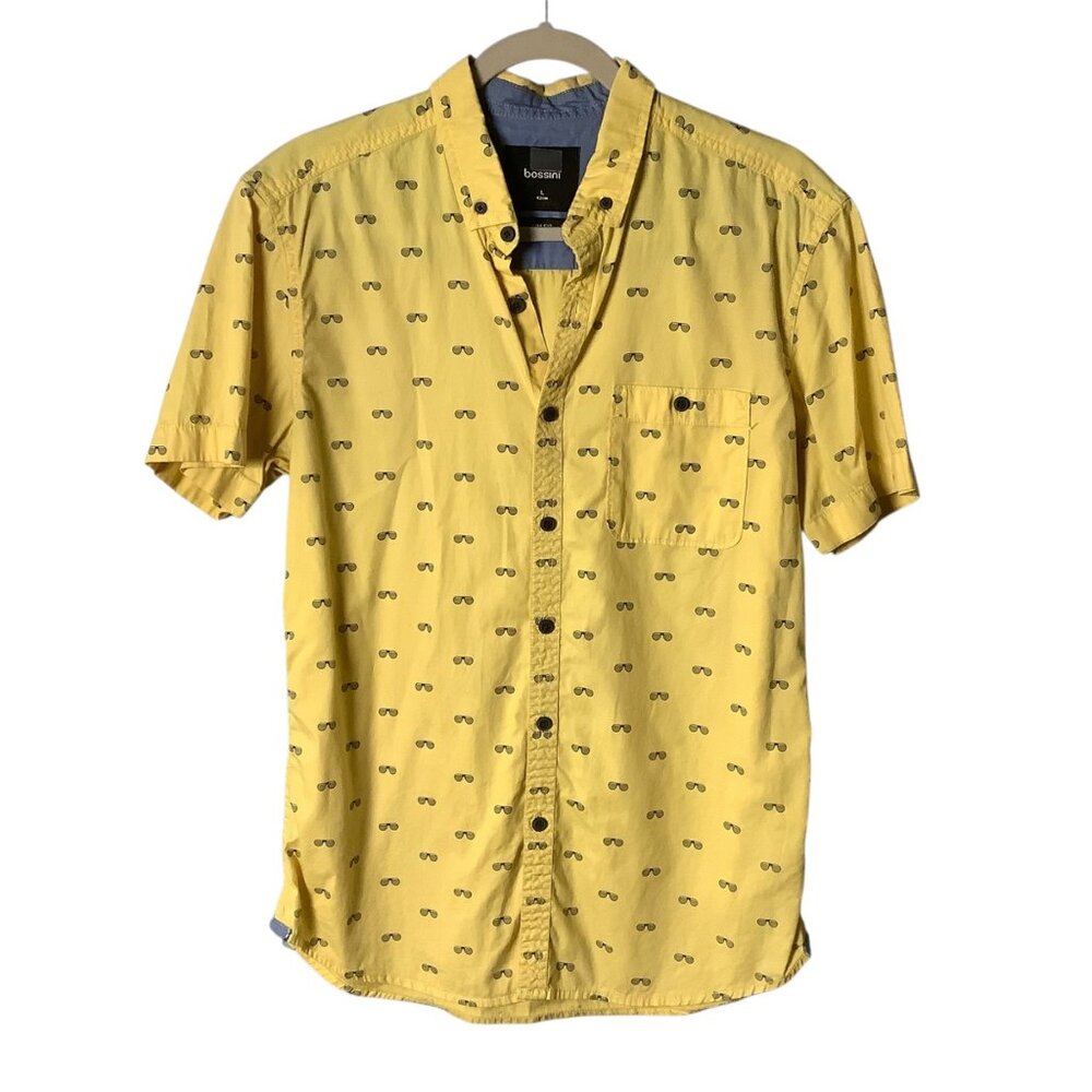 Bossini Yellow Sunglasses Print Slim Fit Short Sleeve Shirt‎ Men Size Large